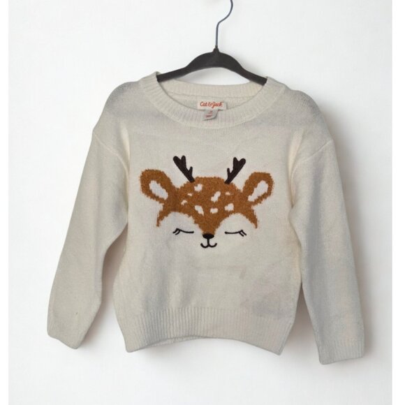 NEW Toddler Girls' Deer Pullover Sweater - Cat & Jack™ Cream 2T - Picture 2 of 5
